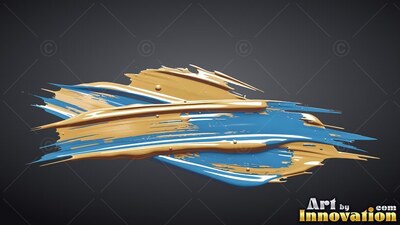 A glossy smear of blue and glossy gold paint spreads horizontally over dark gray
