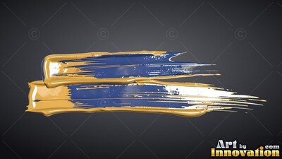 Thick gold and blue paint streaks across a dark backdrop, reflecting soft white light