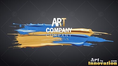 Spread horizontally over a dark gray backdrop, thick blue and glossy gold paint strokes