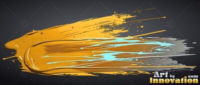 Against a dark gray backdrop, a horizontal sweep of yellow paint trails into thin lines