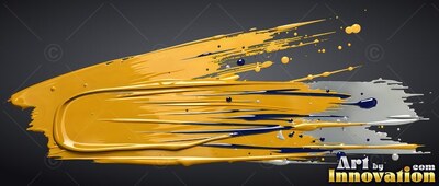 Sweeping across dark space, thick yellow-gold paint streaks over silver and blue drips