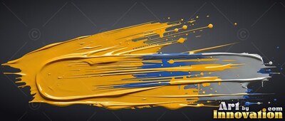 Thick yellow paint stroke layered with blue and gray