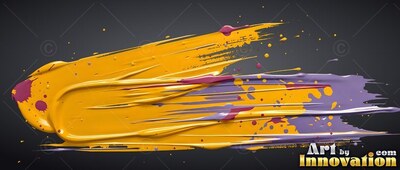 Thick ridges sweep across a yellow paint stroke with purple drips over black