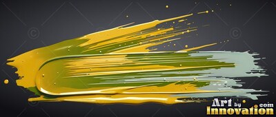 A thick paint stroke sweeps across a dark surface with glossy highlights on yellow and green