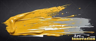 Streaked across a dark surface, thick yellow and white paint sweeps sideways