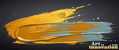 Thick yellow and blue streaks of paint smear across a dark background with small splashes
