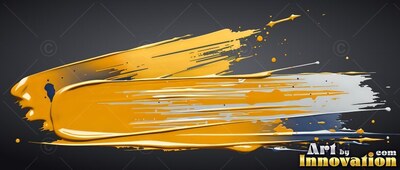 On a black background, thick yellow and white paint sweeps across horizontally