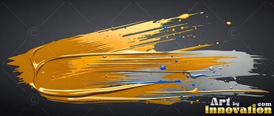 Sweeping across a black background, a thick glossy gold paint stroke blends with silver