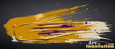 Thick ripples of yellow and purple paint sweep along a dark gray backdrop