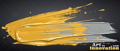 Thick yellow-gold paint sweeps over gray strokes with bright highlights on a dark surface