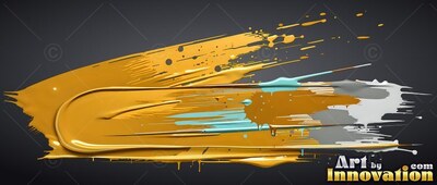 Stretching horizontally on black, thick yellow paint sweeps over gray strokes