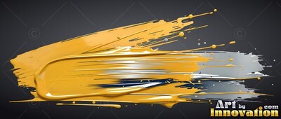 Across a plain dark gray background, thick yellow and silver paint sweeps horizontally