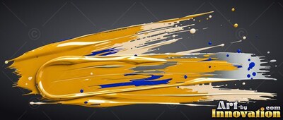 Sweeping horizontally, thick yellow paint streaks across a dark background with blue spots