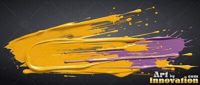 Thick yellow and purple paint stroked across plain dark gray background