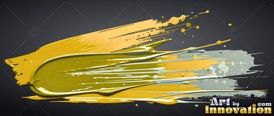 Glossy olive-green paint sweeps across yellow and gray strokes over a black background