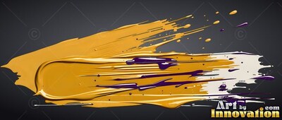 Thick wet gold paint sweeps across black with glossy white and purple streaks