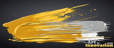 Sweeping horizontally across black space, thick yellow and silver paint streaks