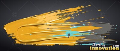 A thick swipe of glossy yellow paint streaks across a black background