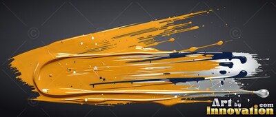 Against a dark backdrop, thick yellow paint sweeps across with silver drips