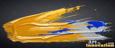Sweeping across black, thick yellow and blue paint smears horizontally