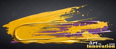 Thick yellow and purple paint sweep on black background