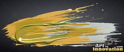 A thick green splatter pools across broad yellow and silver streaks of paint on dark gray