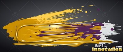 Dense gold paint smears horizontally over a dark backdrop with bright white highlights
