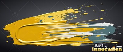 Stretching horizontally on black, thick yellow paint sweeps over white and slate lines