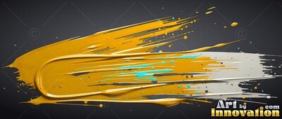 Thick yellow and white paint sweeps across a deep gray background with small splashes of blue
