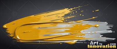Against a deep gray background, a thick smear of glossy yellow and silver paint sweeps across