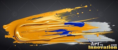 Sweeping horizontally, thick yellow paint mixes with blue and gray on black