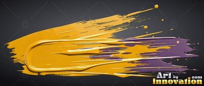 Thick yellow and purple paint streaks across dark gray with glossy white highlights