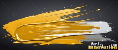 Sweeping horizontally across black, a thick yellow-gold paint stroke trails into splatters