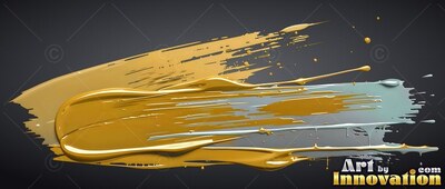 A thick smear of shiny wet gold paint layered over blue on a shadowed background
