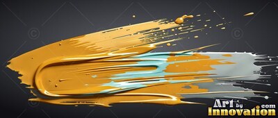 Against dark gray, a thick yellow paint stroke mixes with blue and white