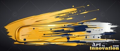 Sweeping across dark gray, a thick stroke of yellow and white paint splatters