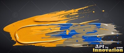 Thick yellow paint stroke with blue and gray splashes