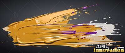 Thick ridges of glossy metallic gold paint spread with purple flecks over dark gray
