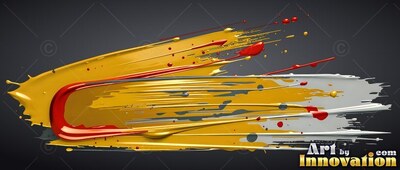 Sweeping horizontally across a black background, thick glossy gold paint with a red curve