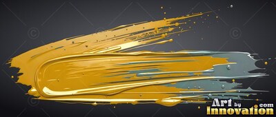 Against a dark gray background, a thick yellow-gold paint stroke sweeps to the right