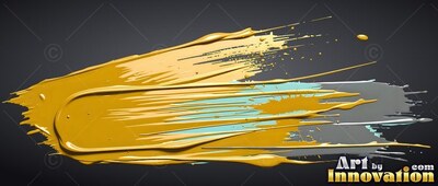 Sweeping across dark gray, a thick smear of glossy yellow paint frays into fine splatters