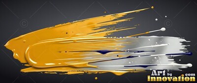 Yellow and silver paint sweeps across a deep gray background