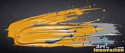 Thick yellow paint spreads with blue splatters over dark gray backdrop