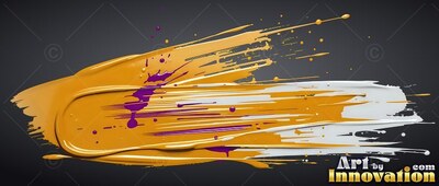 Thick yellow-gold paint sweeps across the center, streaked with white and purple splashes on dark gray