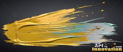 On a dark gray backdrop, a thick swipe of yellow and bright blue paint sweeps across