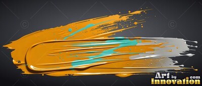 Streaking across dark gray, thick yellow paint mixes with turquoise and silver strokes