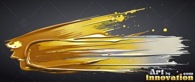 Thick streak of glossy gold and silver paint on plain dark gray background