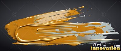 Thick ridges of glossy yellow and silver paint sweep over dark gray backdrop
