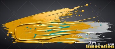 Thick yellow paint smears across silver streaks, catching light on wet teal specks