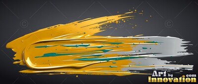 Swept horizontally across dark gray, thick yellow and silver paint stretches out into streaks
